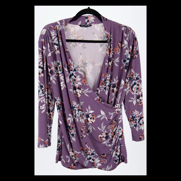 41 Hawthorn Womens Purple Floral 3/4 Sleeve Vneck Ruched Wrap Top XL EUC - Picture 1 of 2